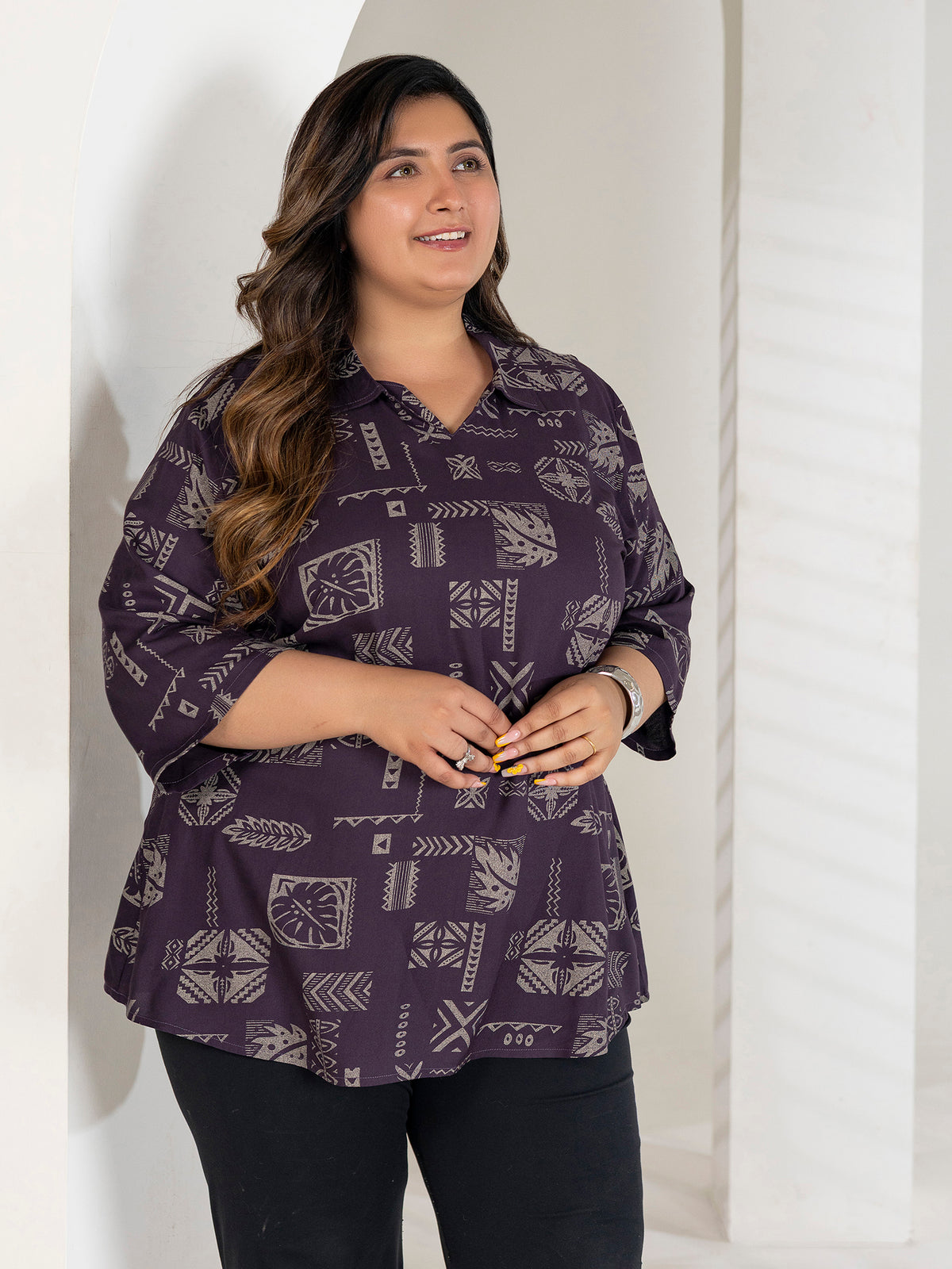 TITTLI Plus Size Women Printed Collared V-Neck Pure Cotton Kurti (Wine)