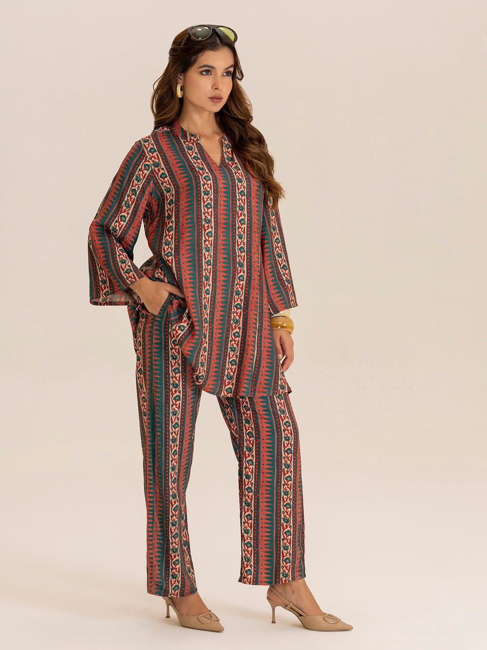 TITTLI Women All Over Printed Tunic and Trouser Co Ord Set (Rust)