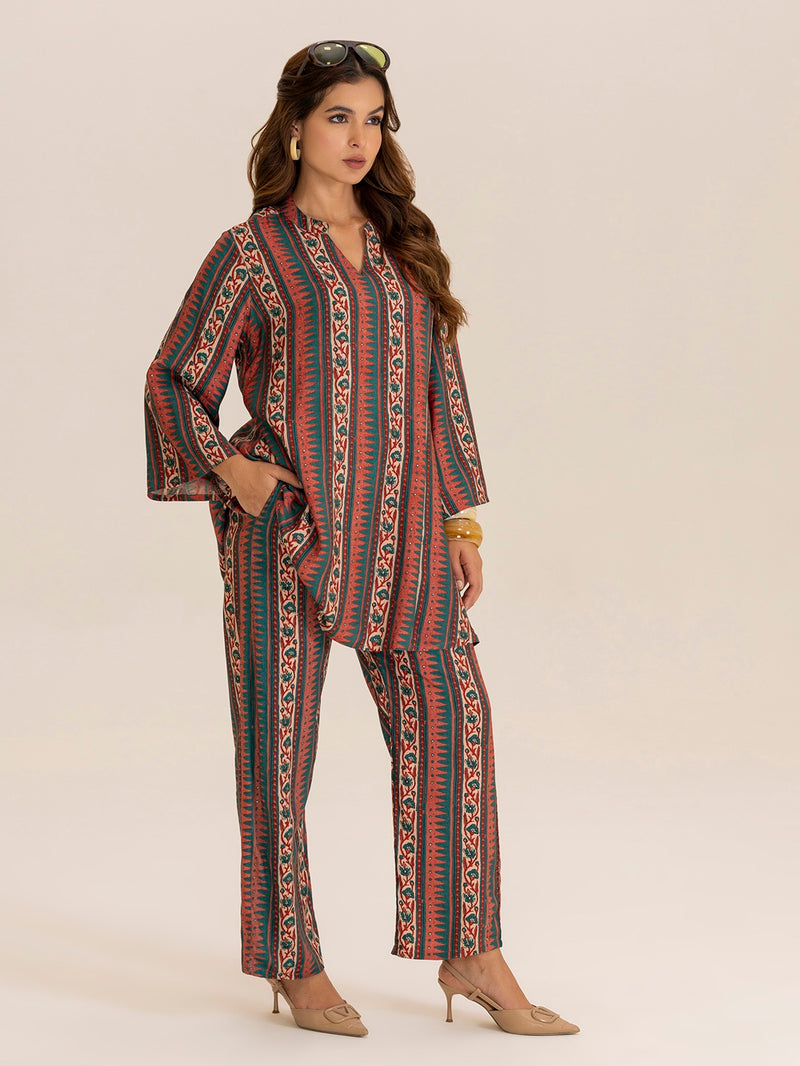TITTLI Women All Over Printed Tunic and Trouser Co Ord Set (Rust)