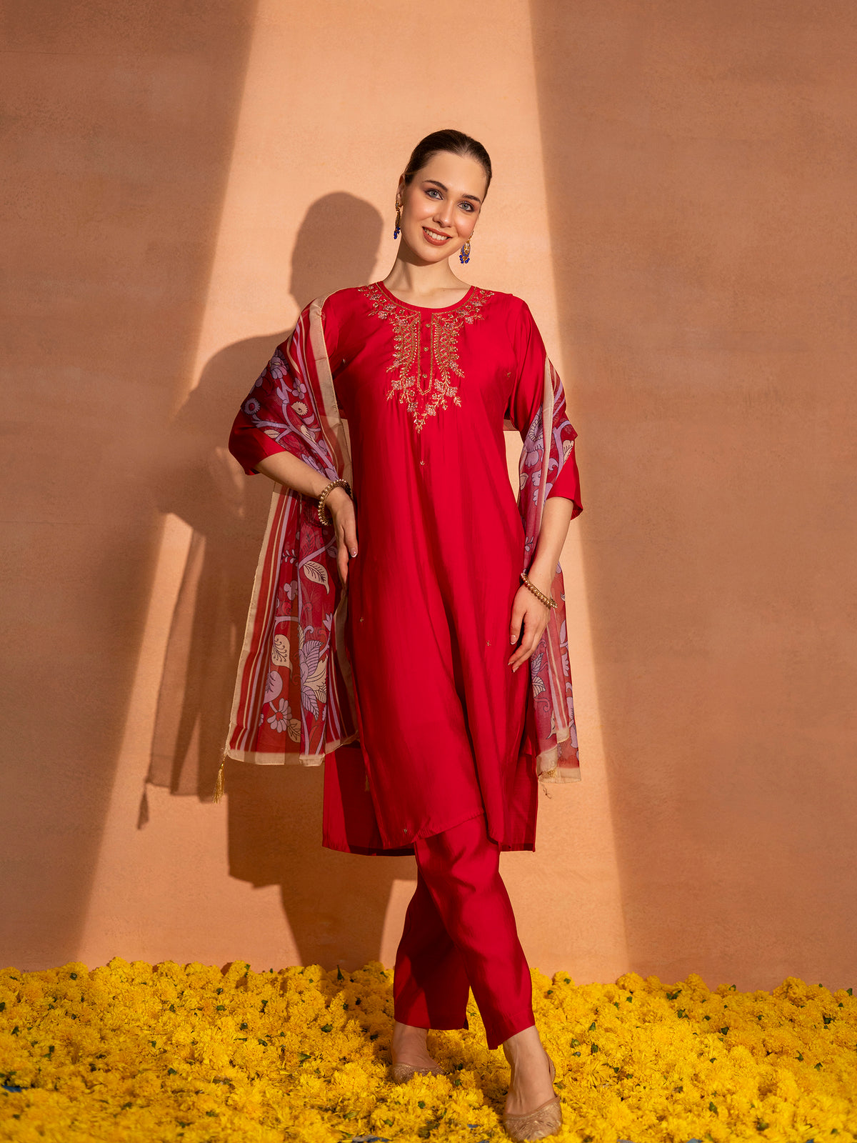 TITTLI Women Handwork Embroidered U-Neck Roman Silk Kurta Set with Georgette Cutwork Dupatta (C.Red)