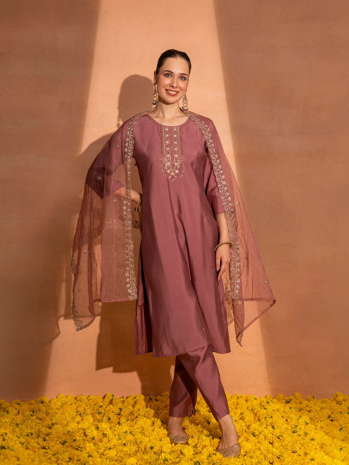 TITTLI Women Handwork Embroidered Round Neck Roman Silk Kurta Set with Cut-Work Dupatta (Gajjar)
