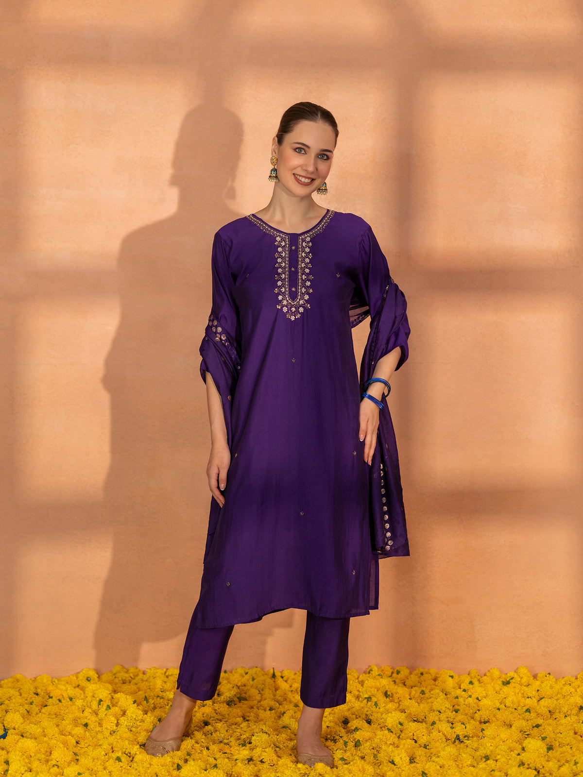 TITTLI Women Handwork Embroidered U-Neck Roman Silk Kurta Set with Georgette Cutwork Dupatta (Violet)