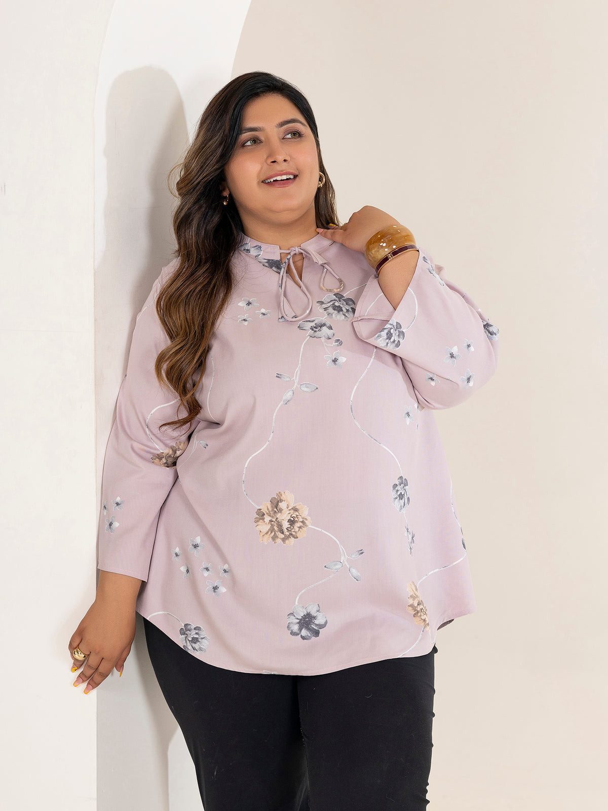 TITTLI Women Plus Size Floral Printed Short Kurti with Round Neck Collar Keyhole Tie-Up & Full Sleeves(Rose)