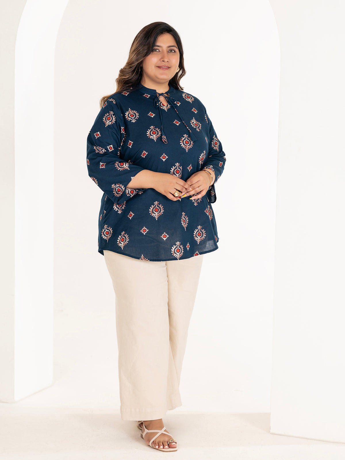 TITTLI Women Plus Size Ethnic Motif Printed Short Kurti with Mandarin Collar Keyhole Tie-Up & Three Quarter Sleeves(Airforce)