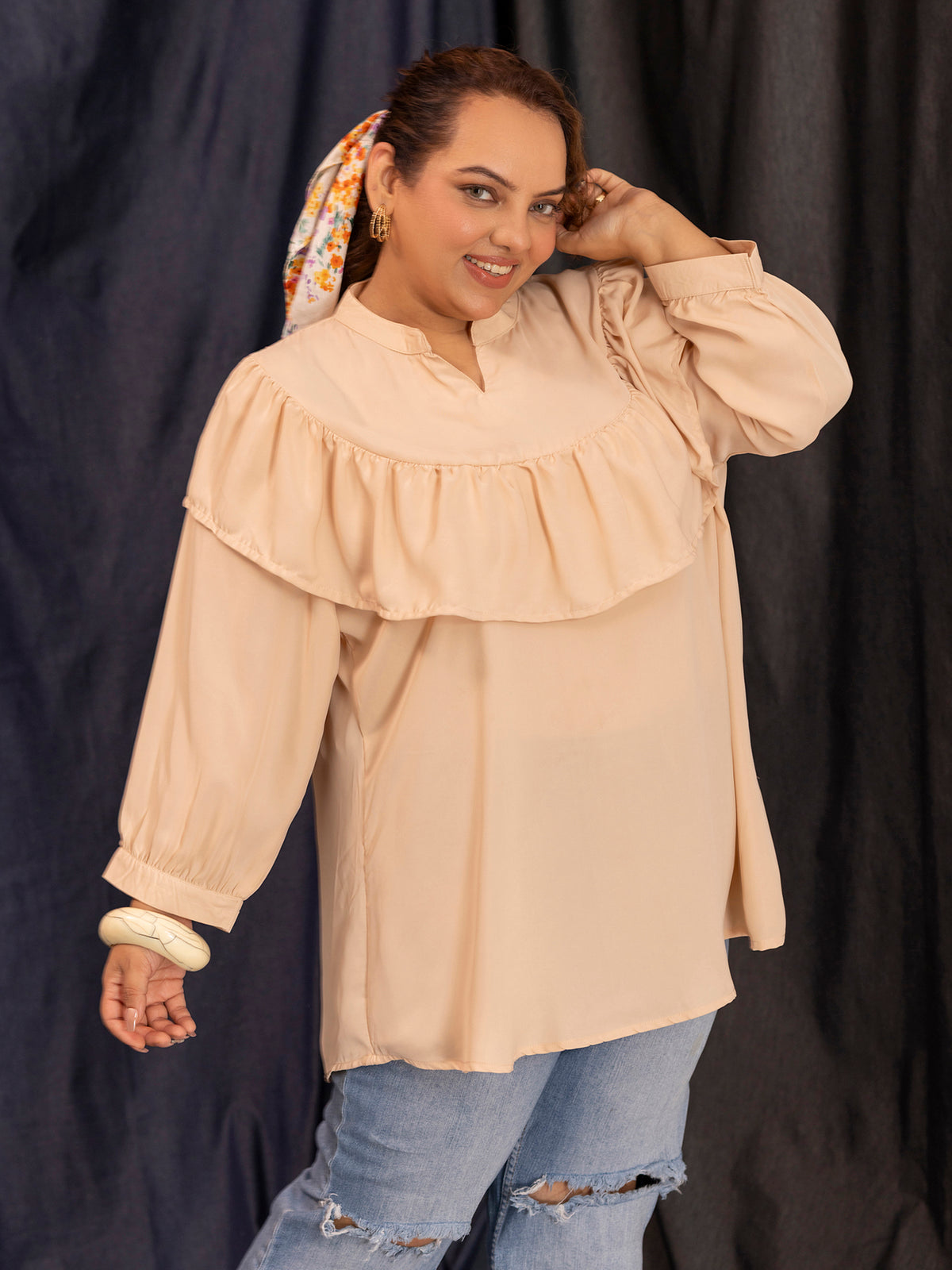 TITTLI Women Plus Size Georgette Solid Short Top (Skin)