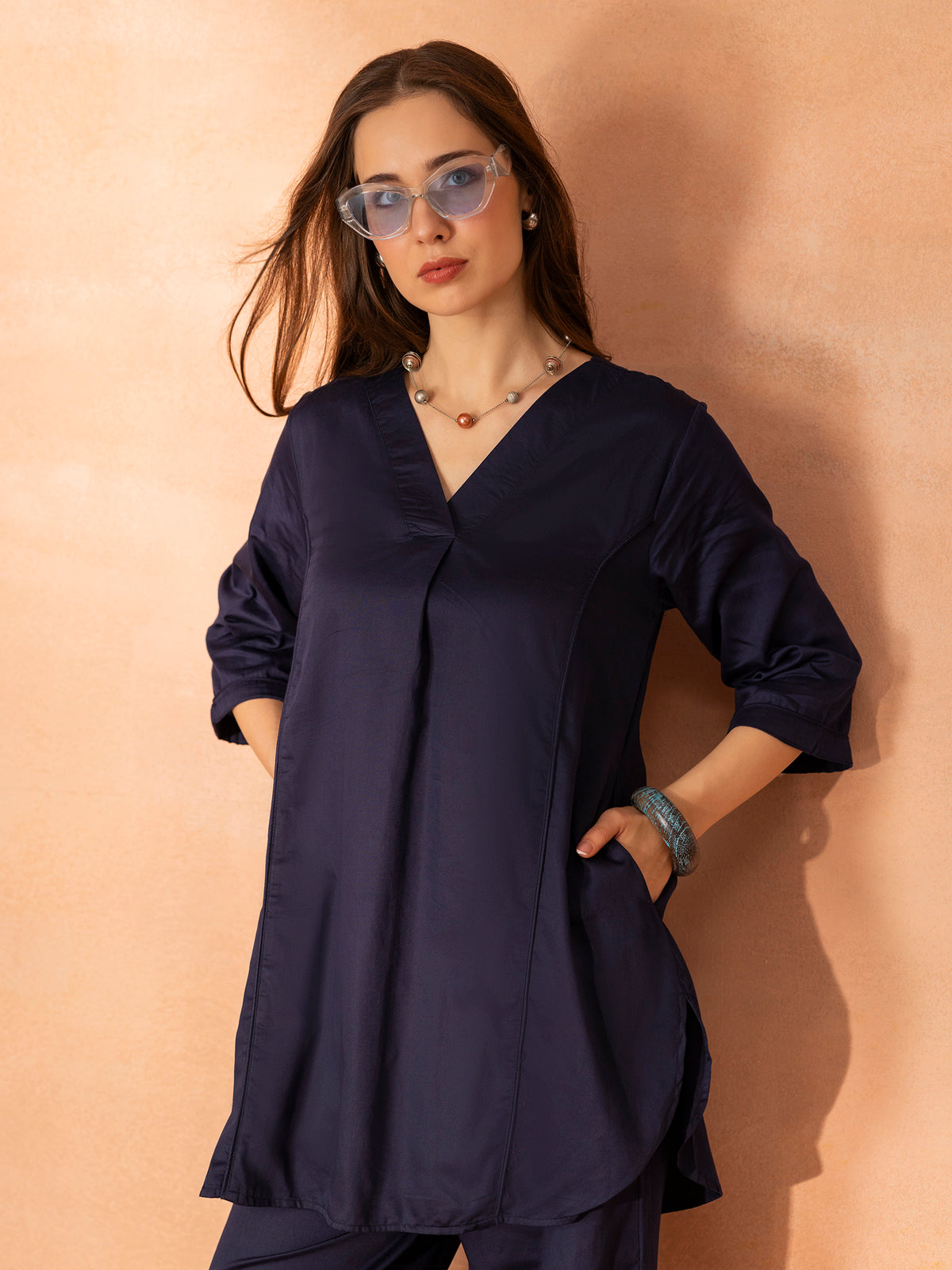 TITTLI Women Cotton Silk V-Neck Tunic & Trousers Co-Ord Set (Navy Blue)
