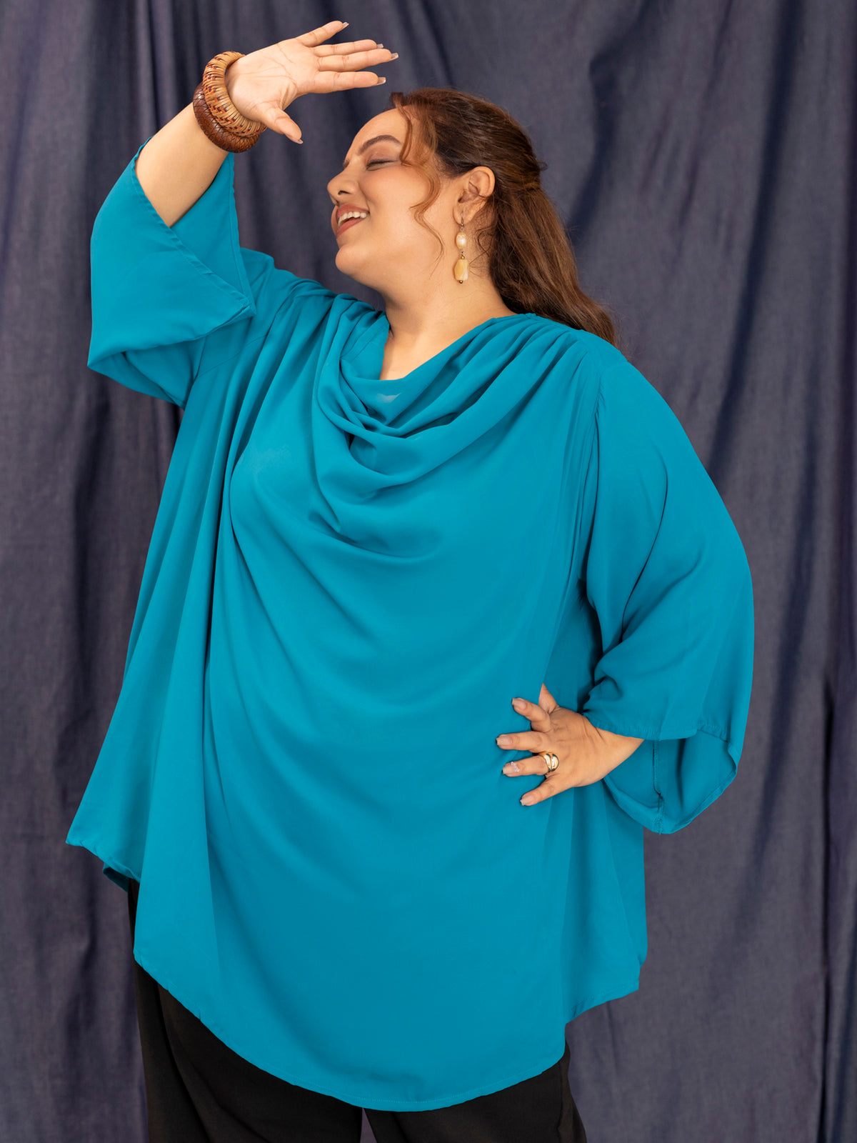 TITTLI Women Plus Size Georgette Solid Cowl Neck Short Top (Rama)