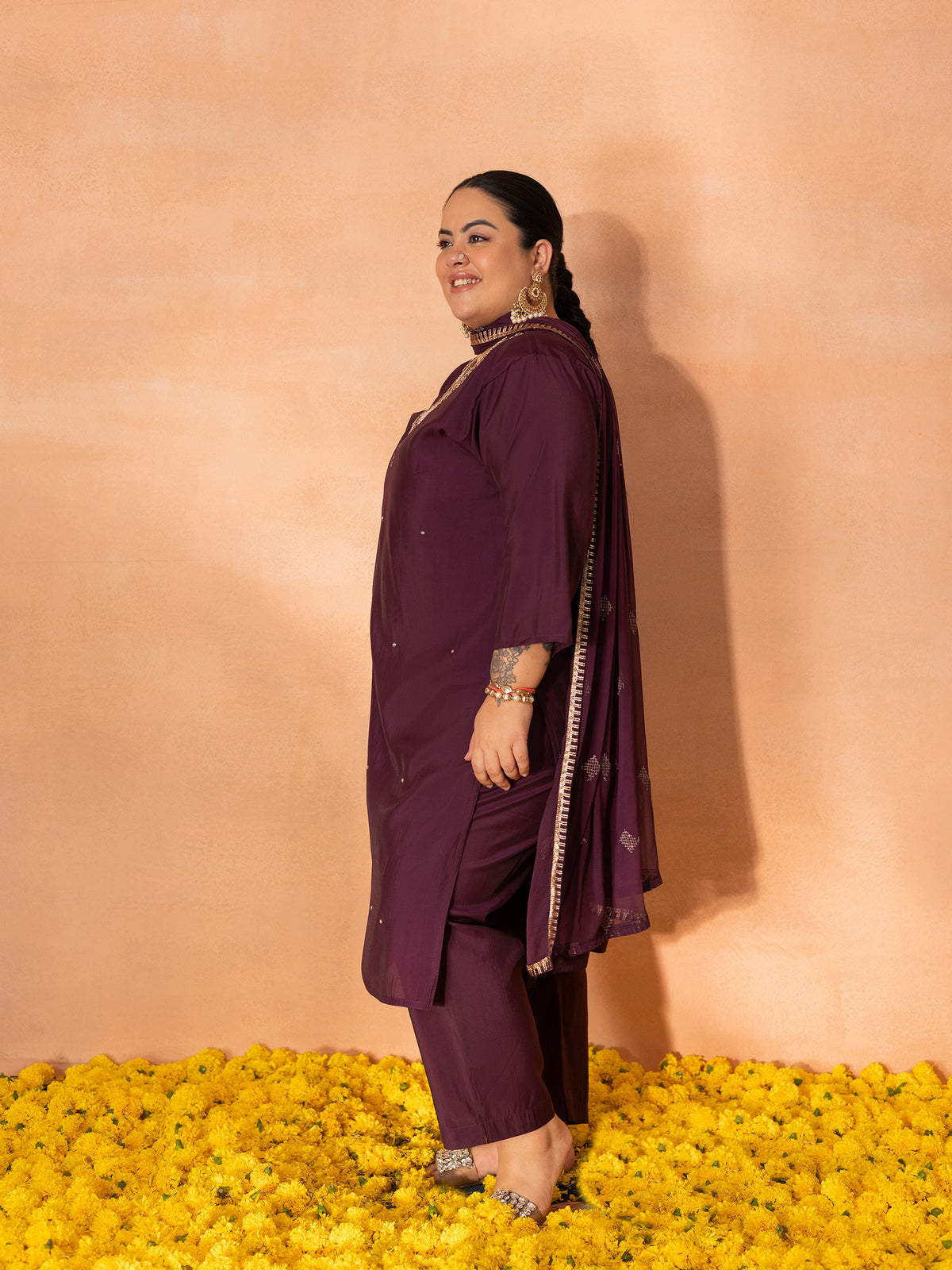 TITTLI Plus Size Women Handwork Embroidered V-Neck Roman Silk Kurta Set with Georgette Cutwork Dupatta (Wine)