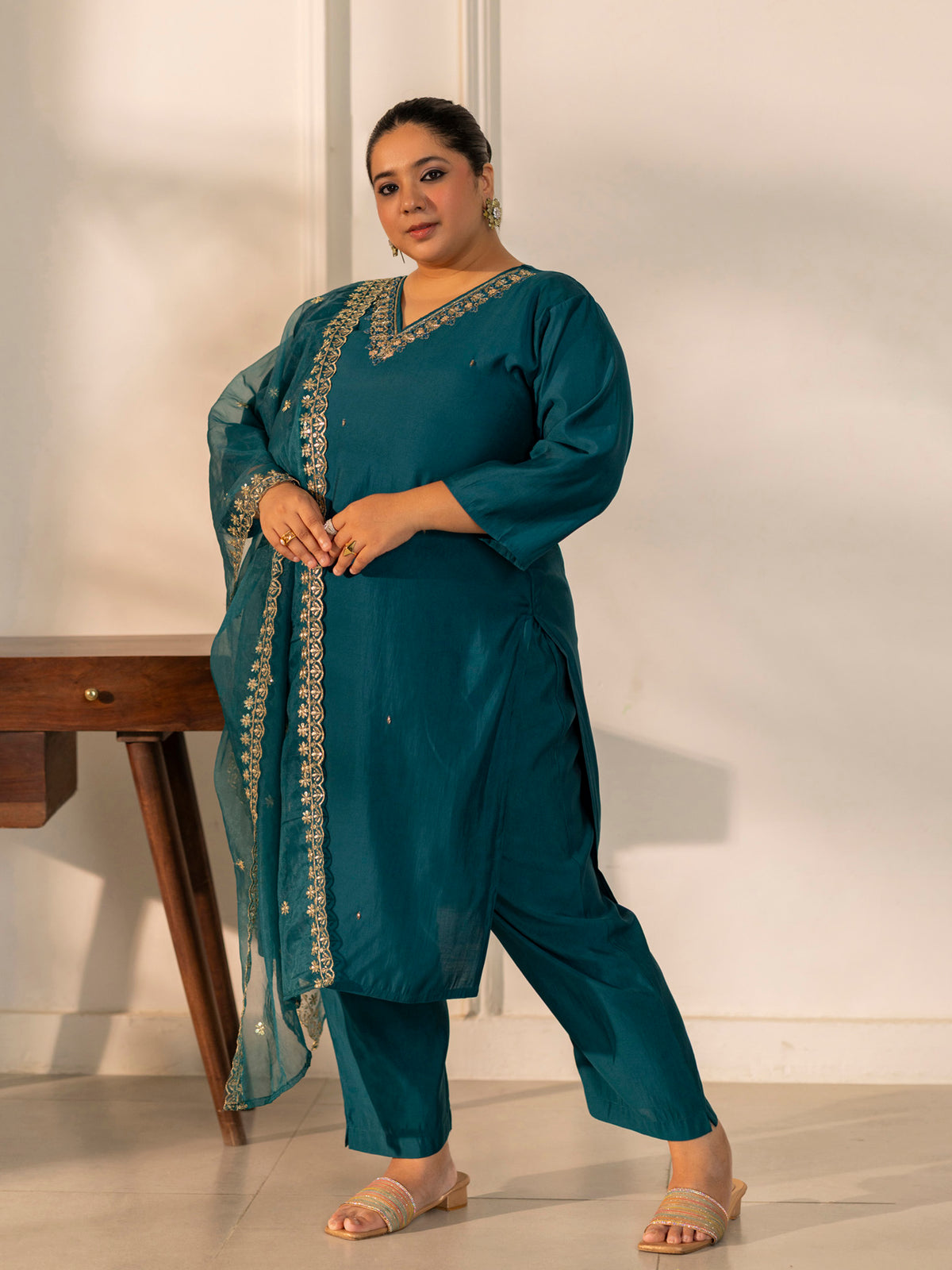 TITTLI Plus Size Women Handwork Embroidered V-Neck Roman Silk Kurta Set with Georgette Cutwork Dupatta (Rama)