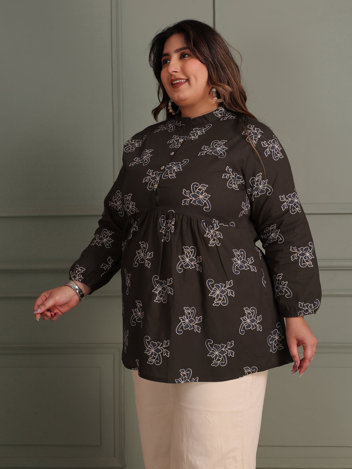 TITTLI Women Plus Size All-Over Printed Puff Sleeves Mandarin Collar Pure Cotton Frailed Kurti (Coffee)