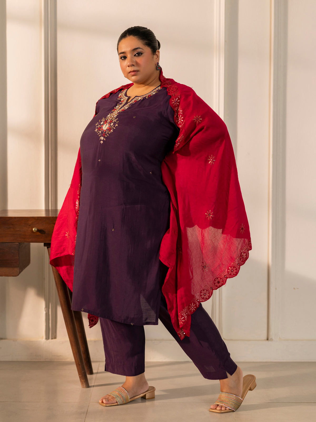 TITTLI Plus Size Women Handwork Embroidered Round Neck with V Drape Roman Silk Kurta Set with Cut-Work Dupatta (Wine)