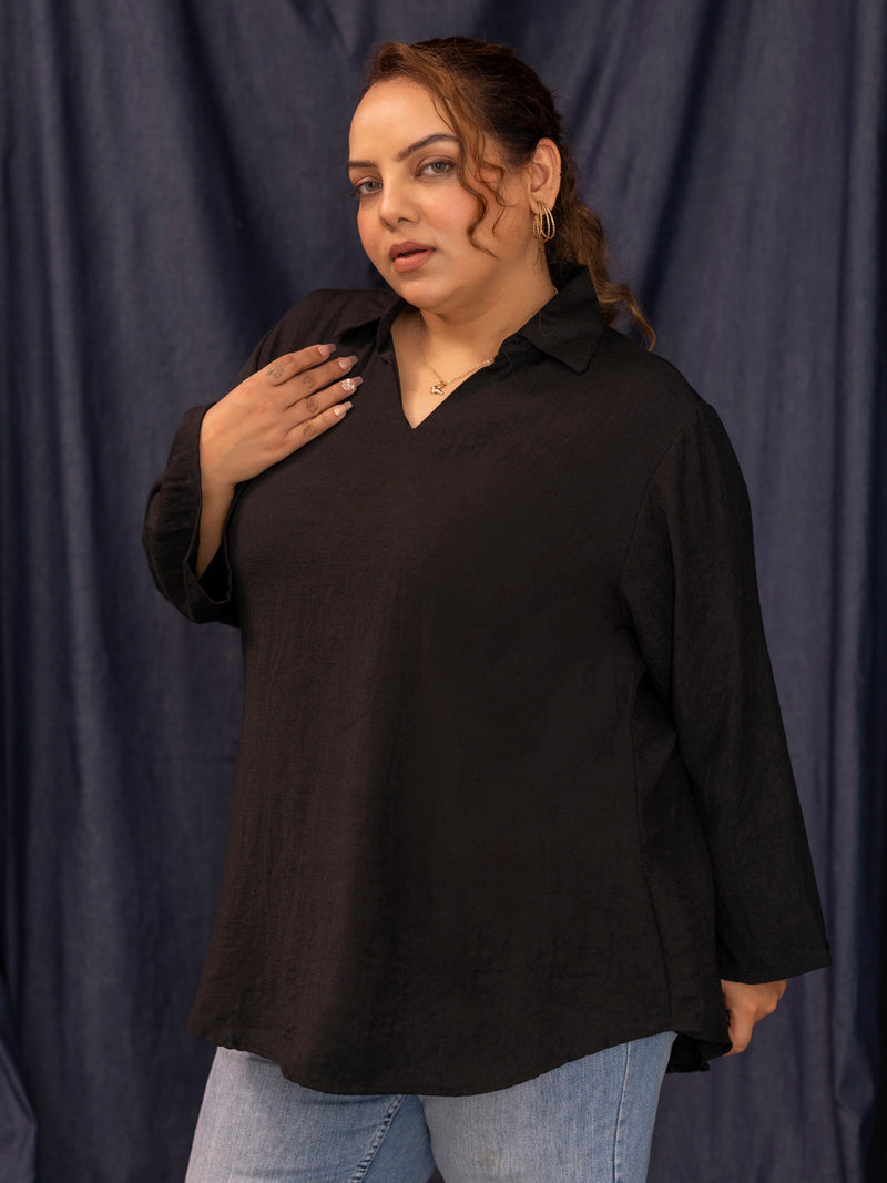 TITTLI Women Plus Size V-Neck Collar Short Kurti with Flared Fit & Full Sleeves (Black)