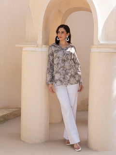 WT2 - Floral Printed V Neck  Short Kurti (L. Coffee)