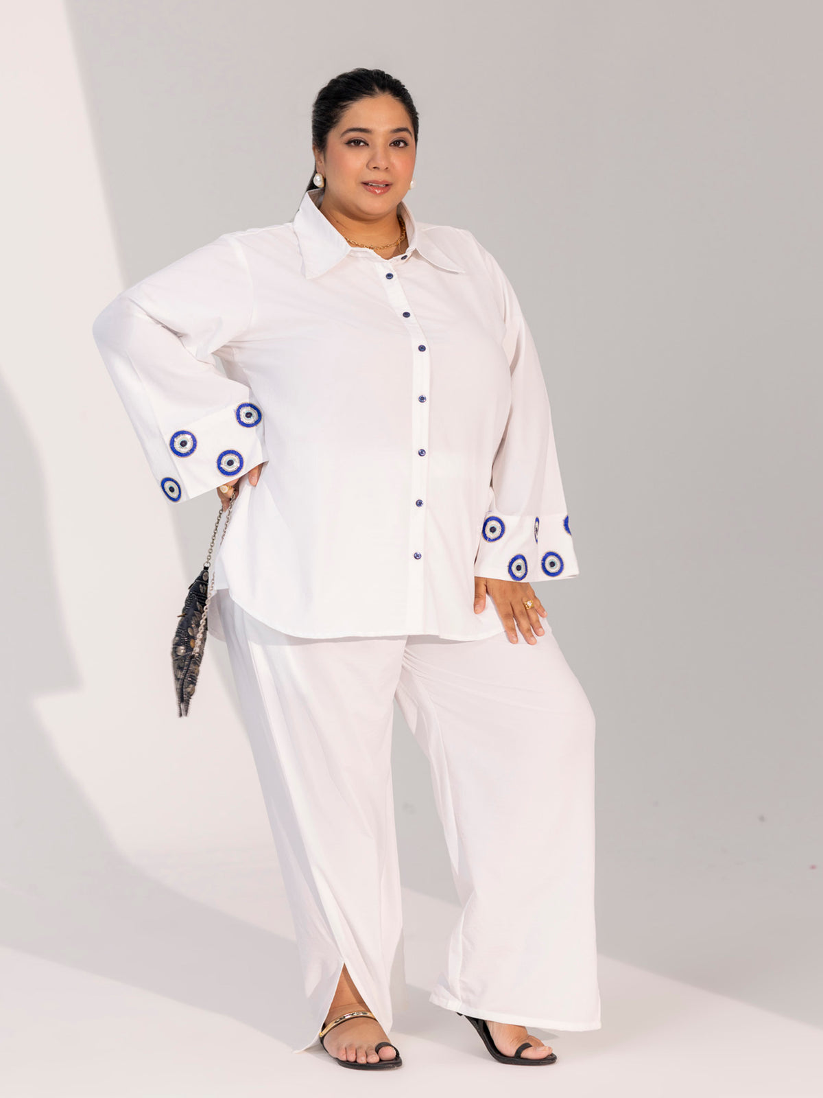 TITTLI Women Plus Size Cotton Shirt and Trousers Co-ord Set with Evil Eye Cuffs(Off White)