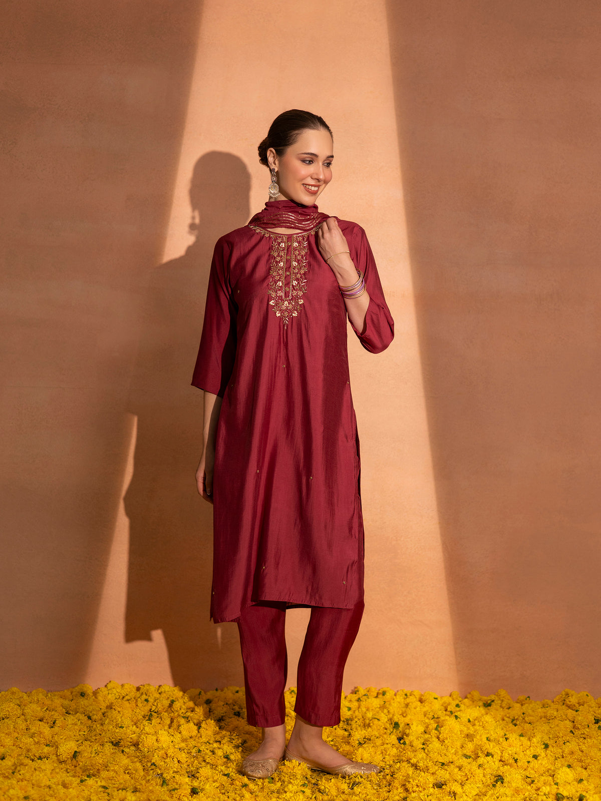 TITTLI Plus Size Women Handwork Embroidered U-Neck Roman Silk Kurta Set with Rayon Sequin Work Dupatta (Red)