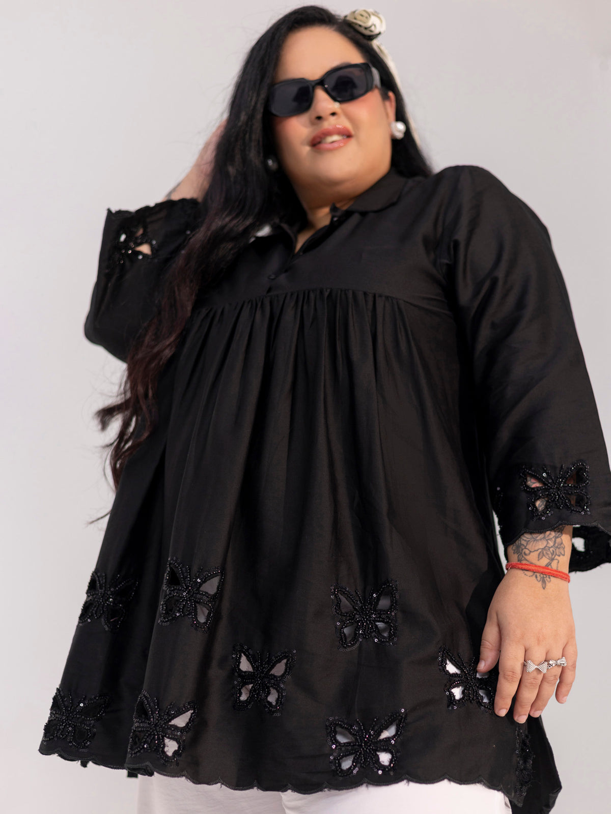 TITTLI Plus Size Women Cotton Silk Butterfly Handwork Embroidered Shirt Collar Kurti(Black)