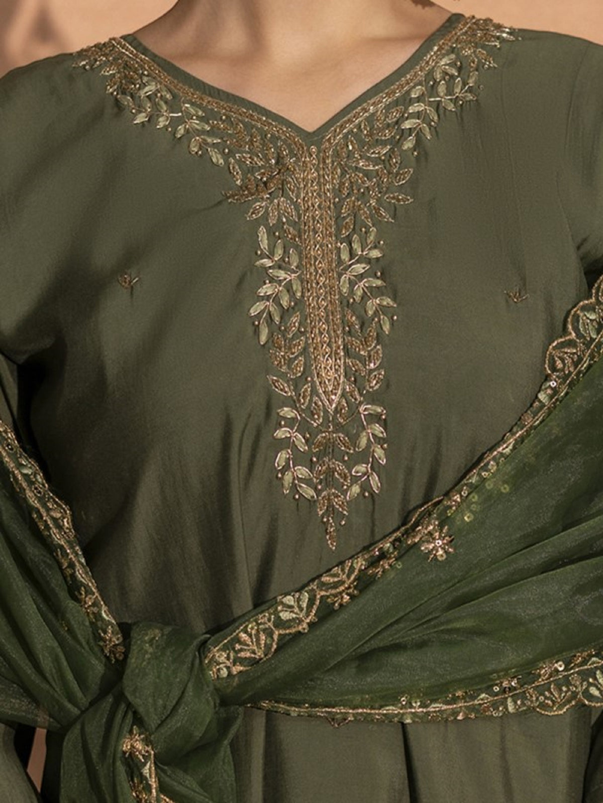 TITTLI Women Handwork Embroidered V-Neck Roman Silk Kurta Set with Georgette Cutwork Dupatta (Olive)