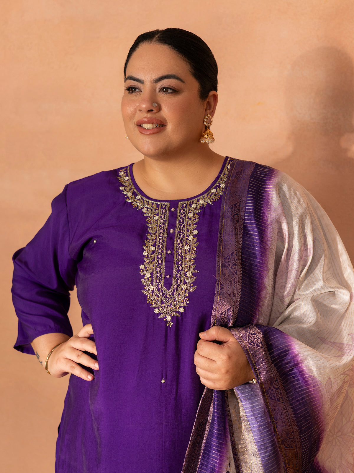 TITTLI Plus Size Women Handwork Embroidered U-Neck Roman Shimmer Silk Kurta Set with Jacquard Digital Print Dupatta