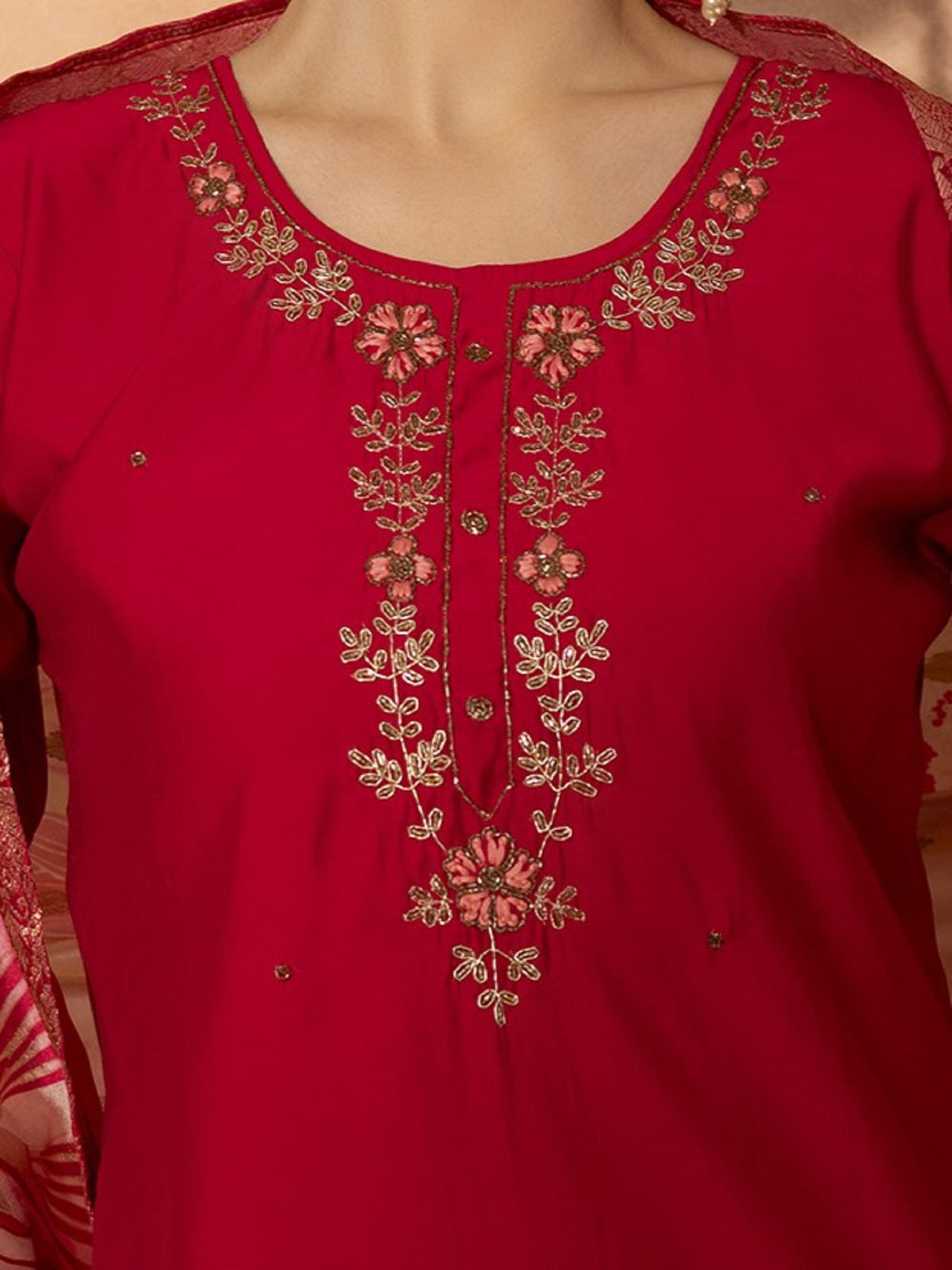 TITTLI Women Handwork Embroidered U-Neck Roman Silk Kurta Set with Jacquard Digital Print Dupatta (Red)