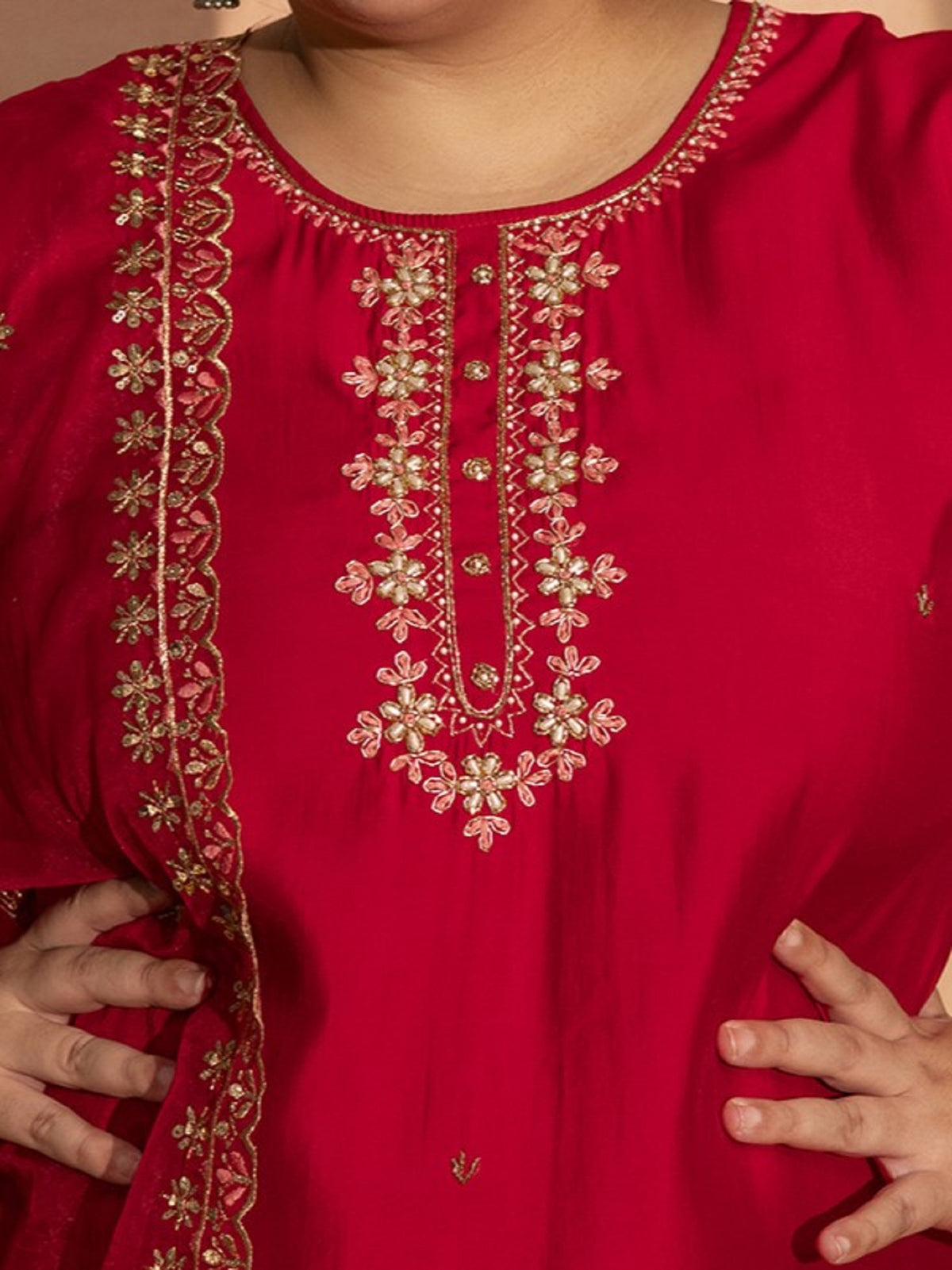 TITTLI Plus Size Women Handwork Embroidered U-Neck Roman Silk Kurta Set with Georgette Cutwork Dupatta(Red)