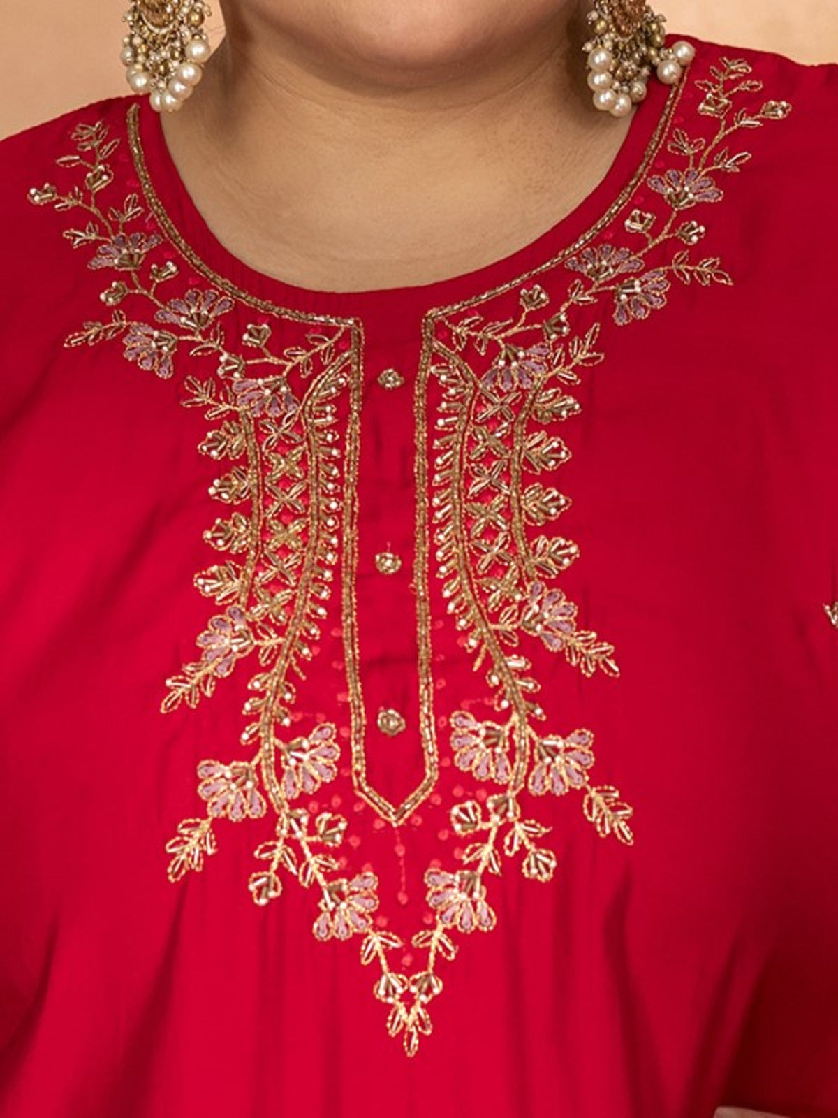TITTLI Plus Size Women Handwork Embroidered U-Neck Roman Silk Kurta Set with Georgette Digital Print Dupatta(Cherry Red)