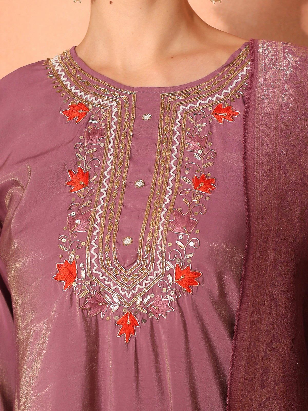 TITTLI Women Handwork Embroidered U-Neck Roman Shimmer Silk Kurta Set with Jacquard Banarasi Print Dupatta (Purple)