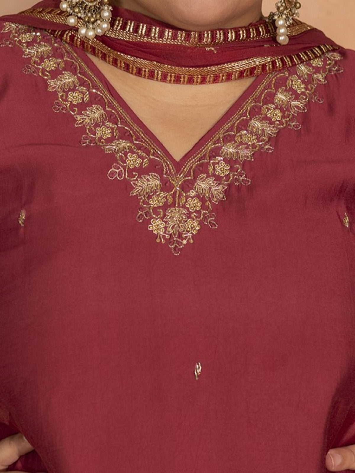TITTLI Plus Size Women Handwork Embroidered V-Neck Roman Silk Kurta Set with Georgette Cutwork Dupatta (C. Red)