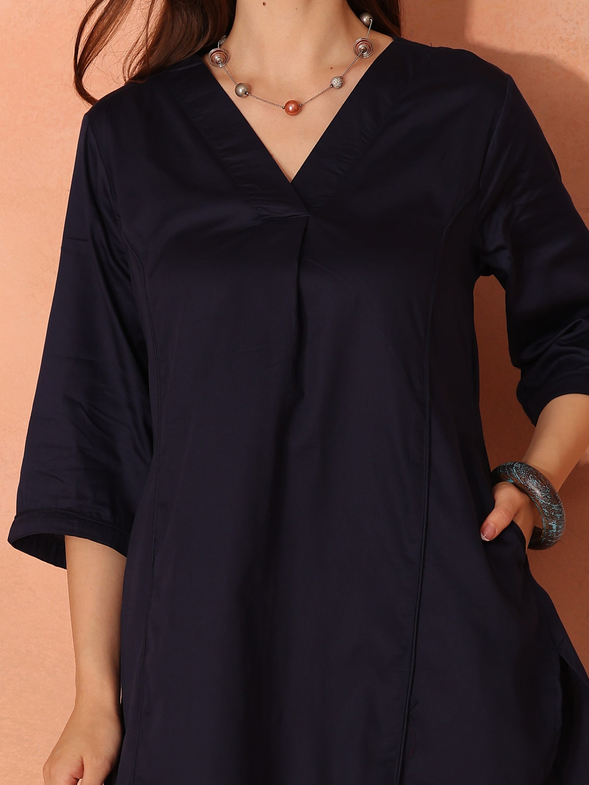 TITTLI Women Cotton Silk V-Neck Tunic & Trousers Co-Ord Set (Navy Blue)