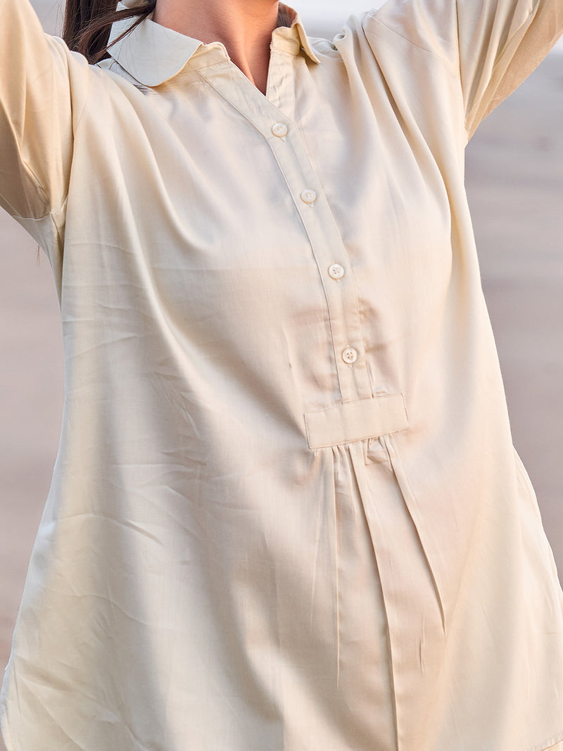 Front View of Frail Designed Cream Tunic and Palazzo Co-Ord Set