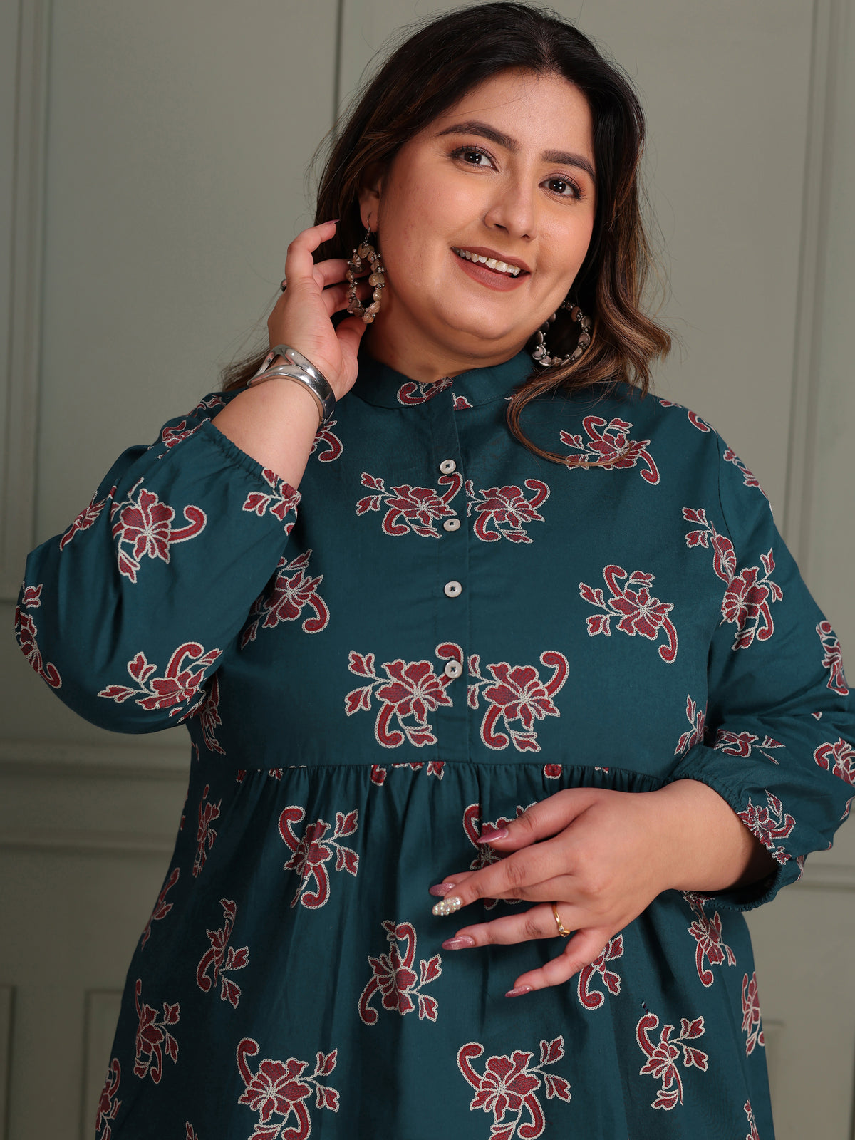 TITTLI Women Plus Size All-Over Printed Puff Sleeves Mandarin Collar Pure Cotton Frailed Kurti (Airforce)