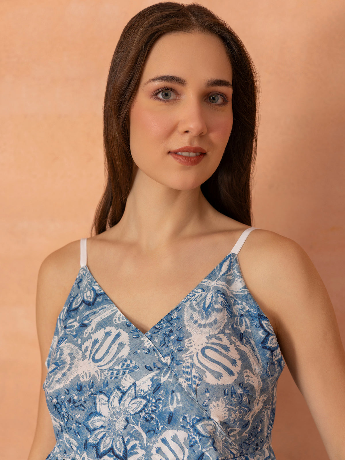 Floral Printed Spaghetti Style Padded Short Kurti (D. Blue)
