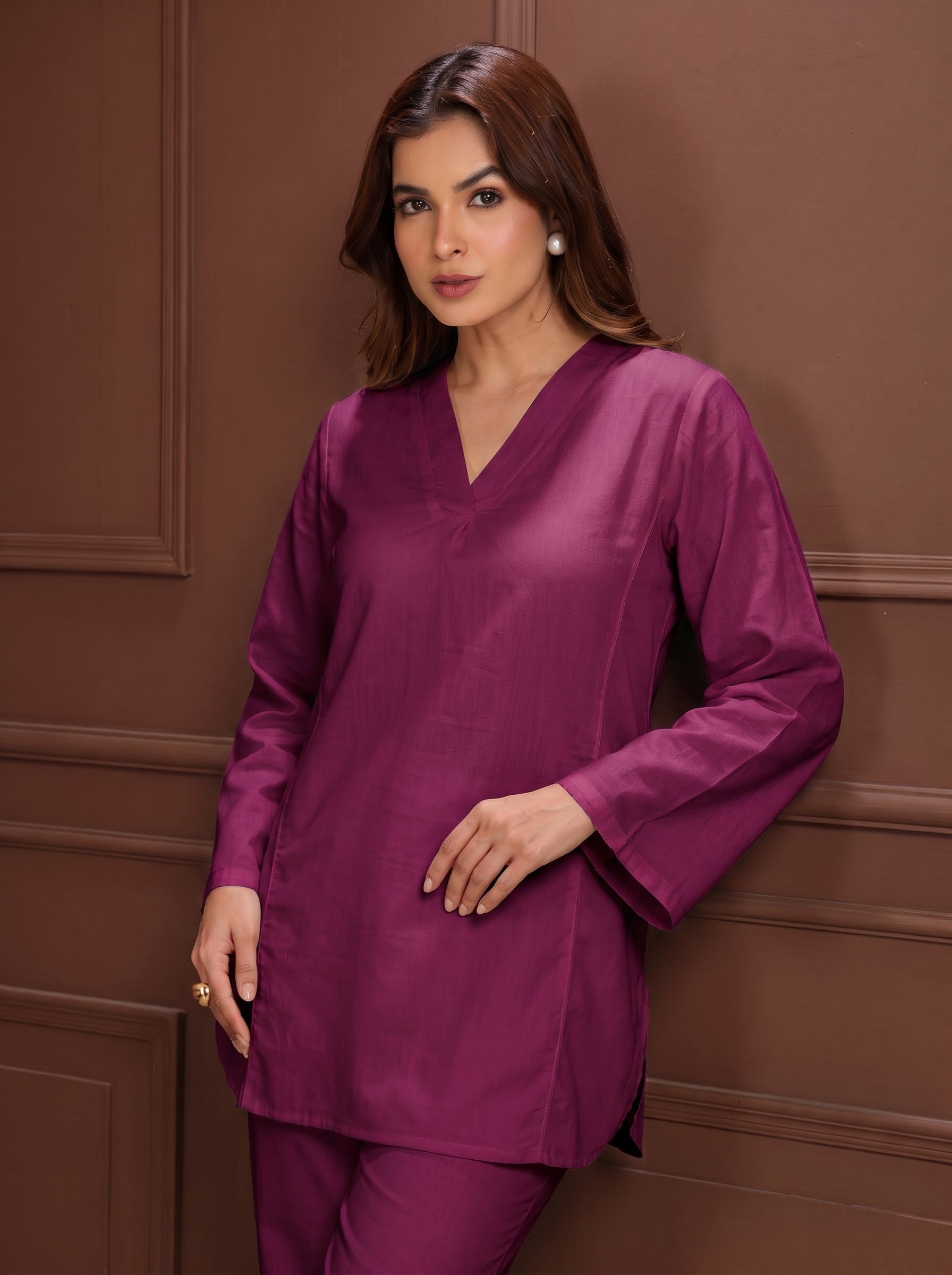 TITTLI Women Cotton Silk V-Neck Tunic & Trousers Co-Ord Set (Wine)