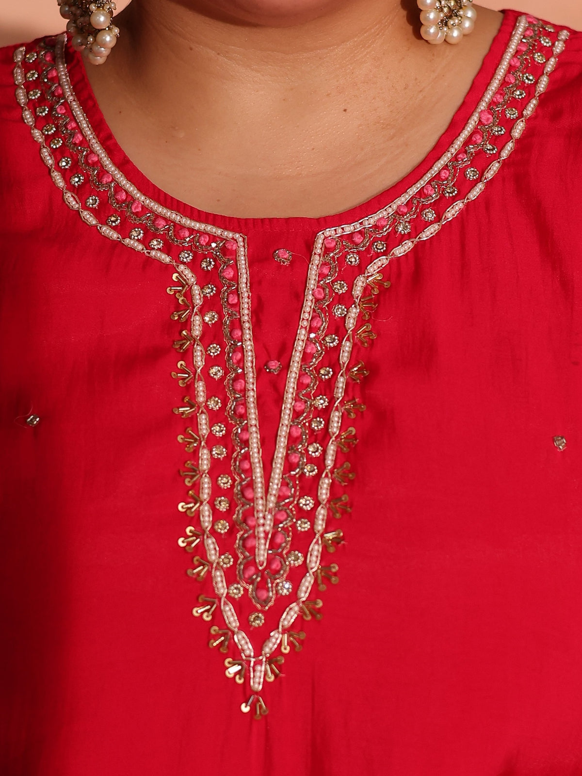 TITTLI Plus Size Women Handwork Embroidered U-Neck Roman Silk Kurta Set with Jacquard Dupatta (Red)