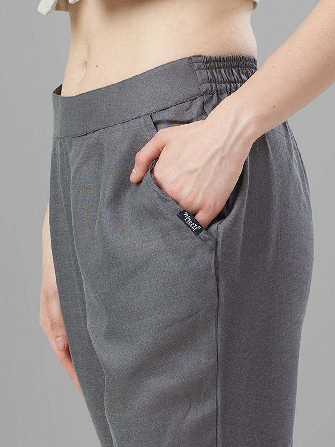 Trendy Silk Cigarette Pants for Ladies in Steel Grey Closer Look