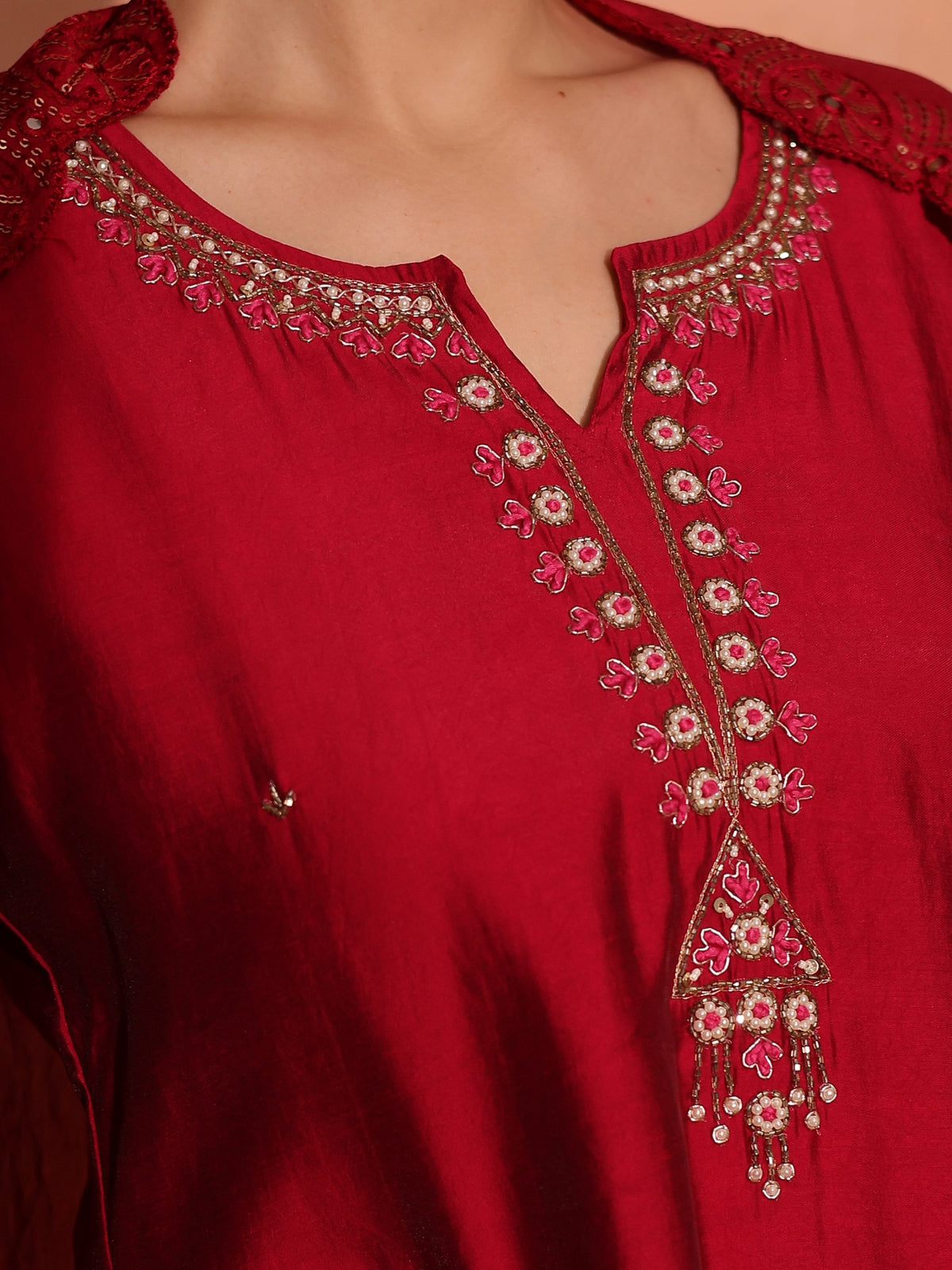 TITTLI Women's Handwork Embroidered Round Neck with V Roman Silk Kurta Set with Cut-Work Dupatta (C. Red)