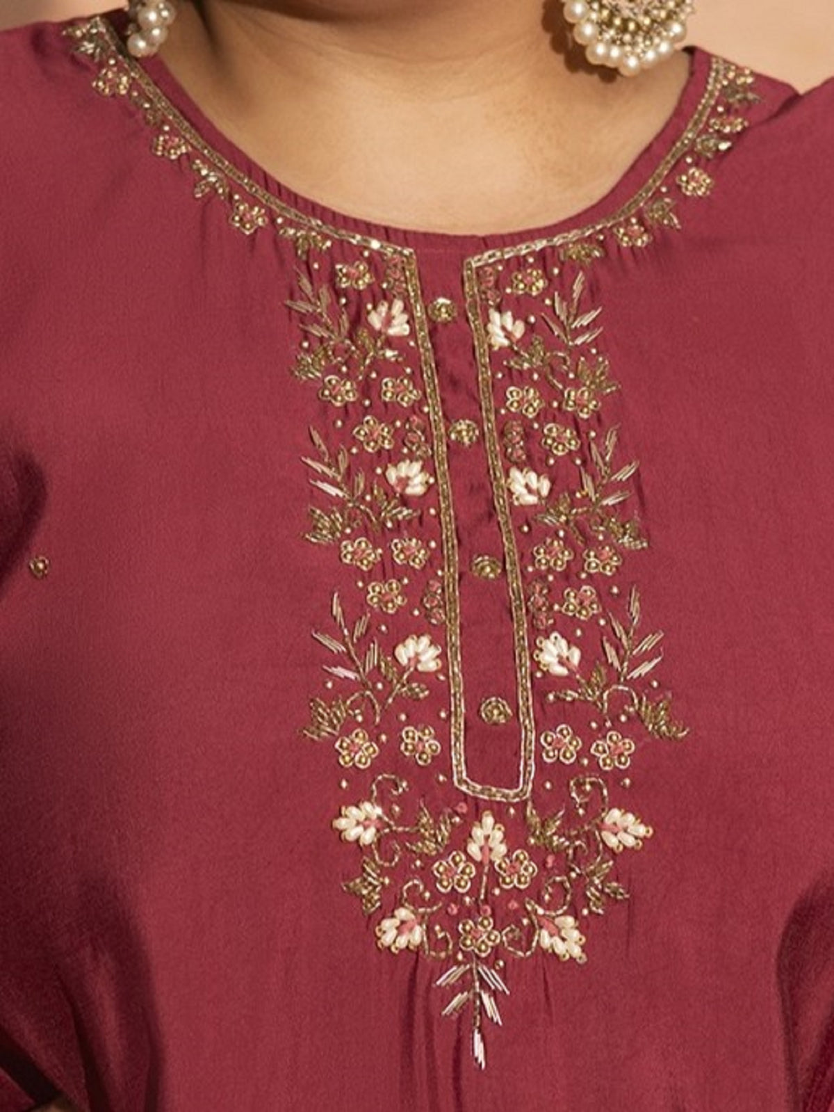 TITTLI Women Handwork Embroidered U-Neck Roman Silk Kurta Set with Rayon Sequin Work Dupatta(Red)