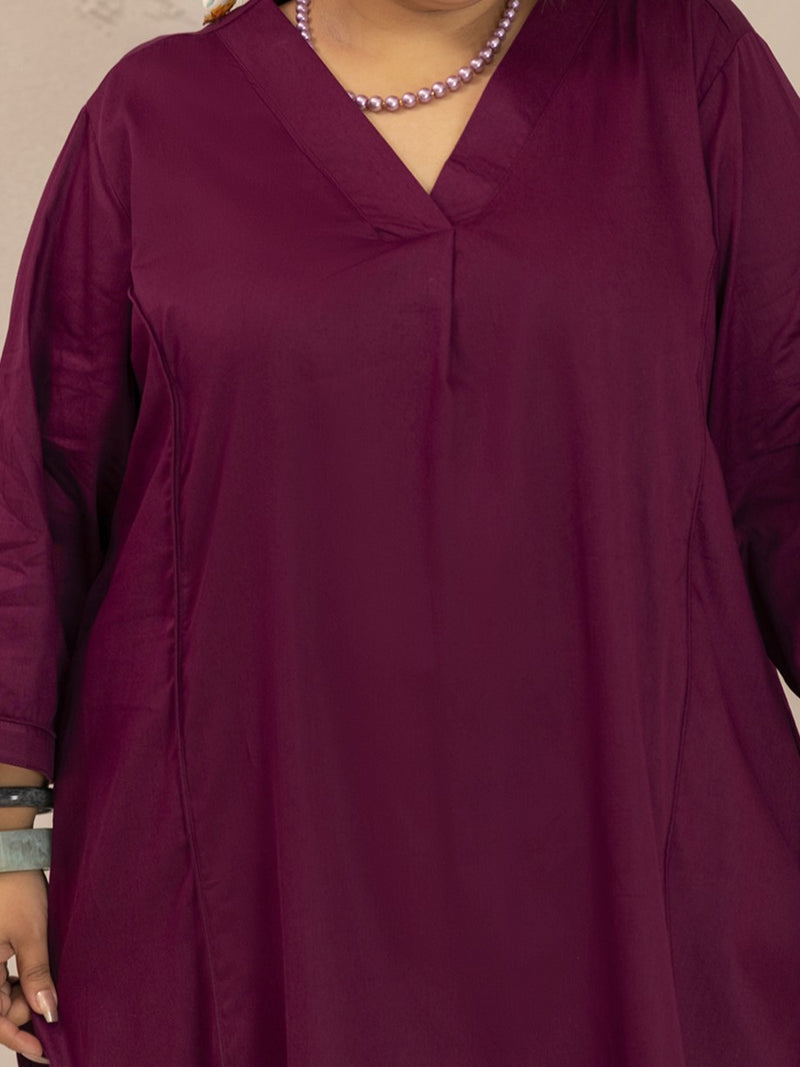 TITTLI Women Cotton Silk V-Neck Tunic & Trousers Plus Size Co-Ord Set (Wine)