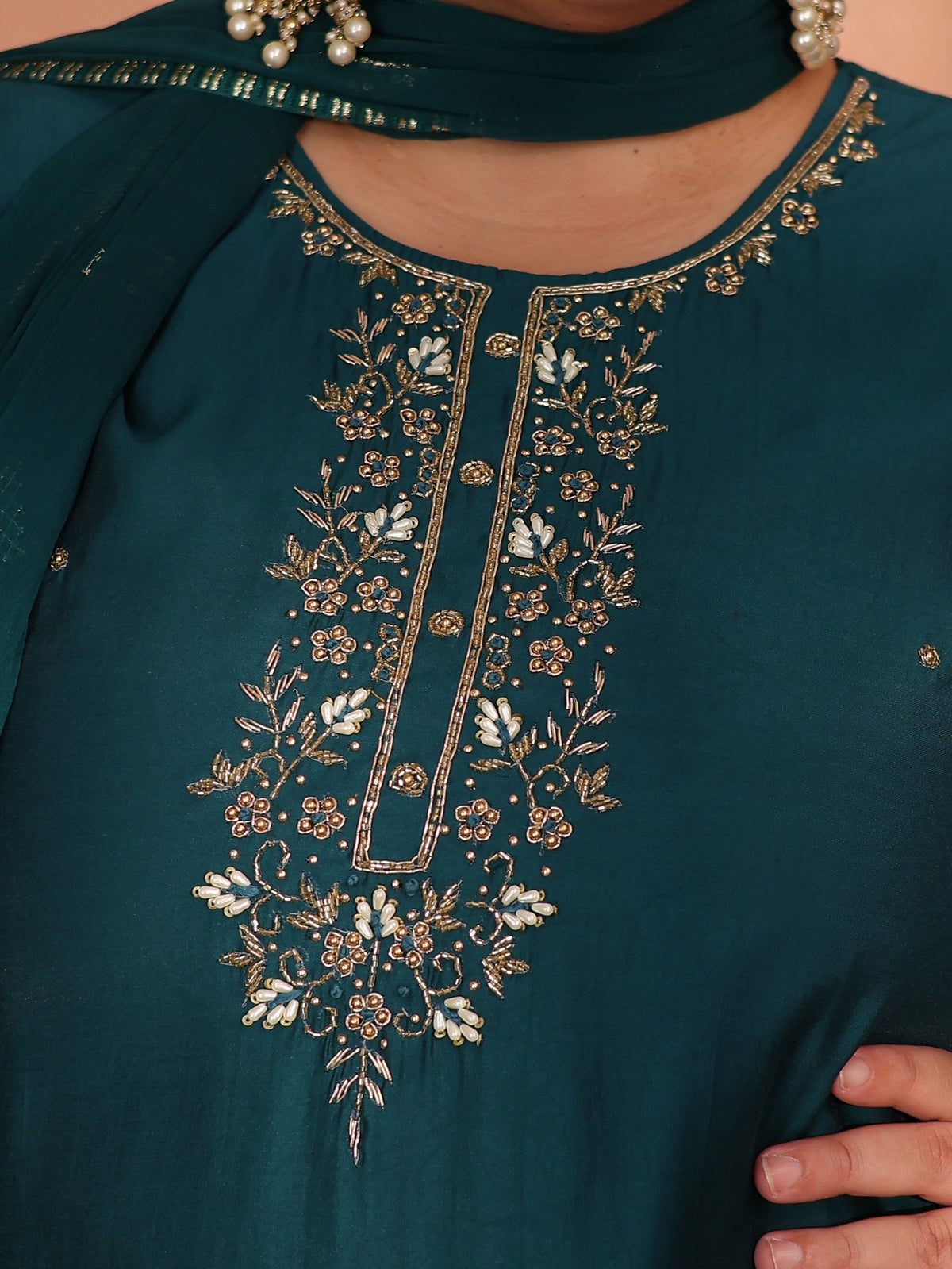 TITTLI Plus Size Women Handwork Embroidered U-Neck Roman Silk Kurta Set with Dupatta(Rama)