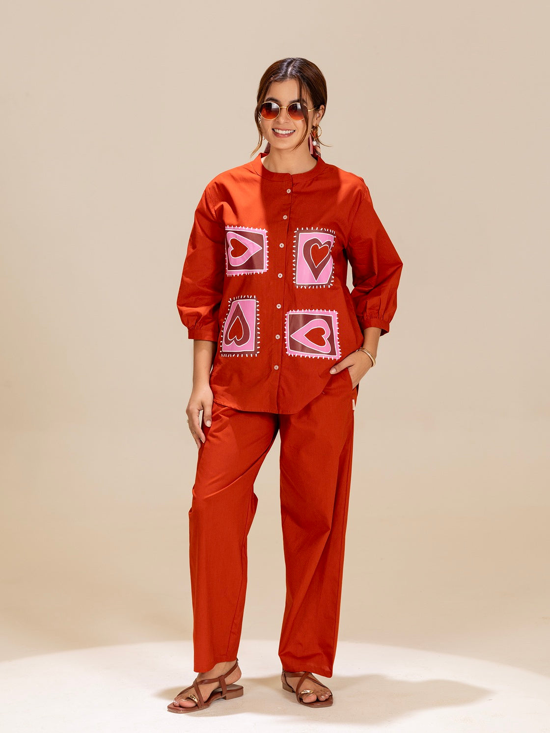 TITTLI Orange Colour Printed Relaxed Fit Pure Cotton Shirt And Trouser Co-Ord Set For Womens