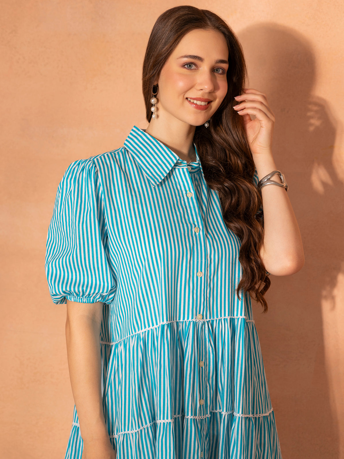 TITTLI Women's Cotton Striped Shirt-Style Tiered Lace Detailing Knee Length Dress with Puff Sleeves & Button Front Closure (White & Rama)