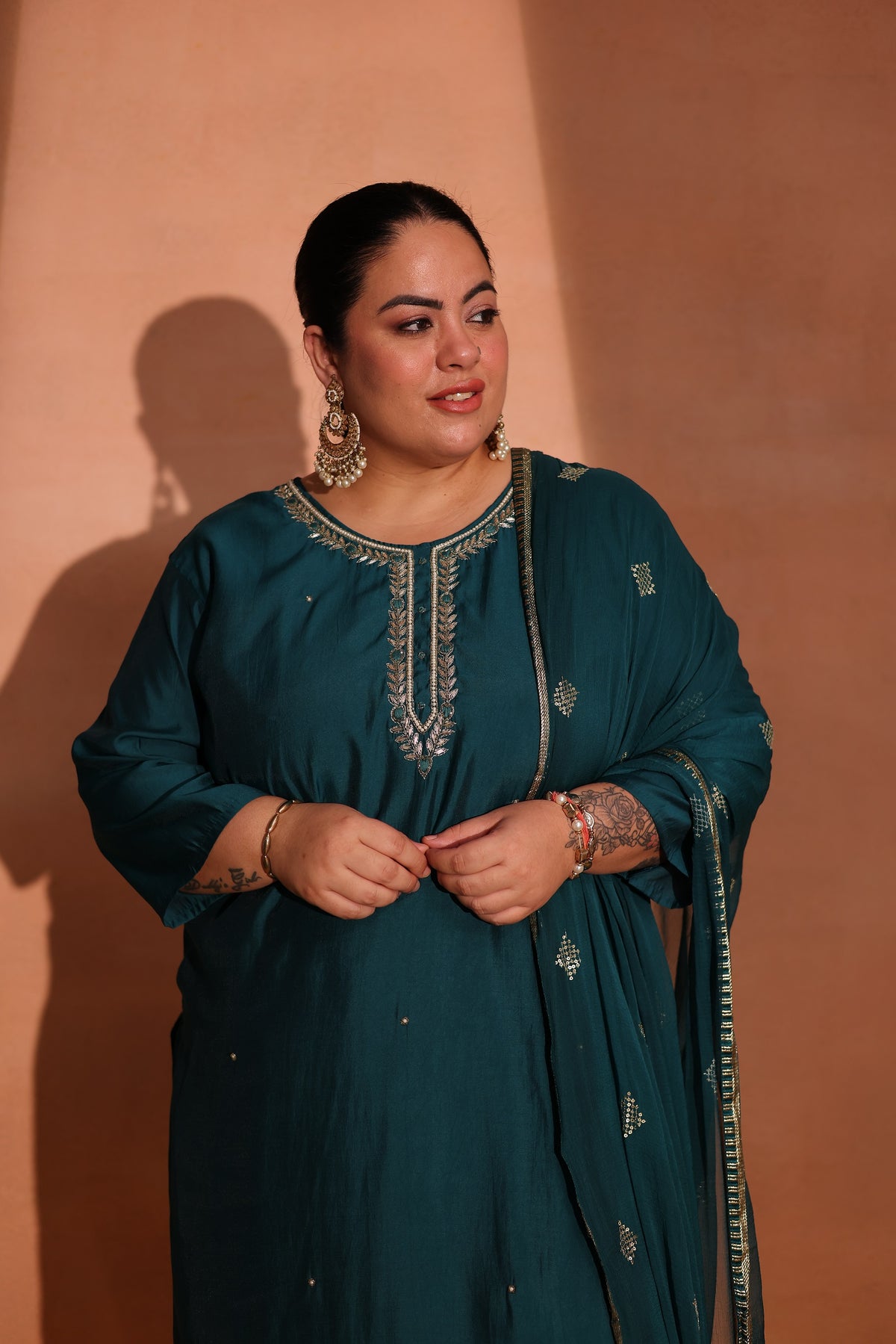 TITTLI Plus Size Women Handwork Embroidered U-Neck Roman Silk Kurta Set with Georgette Cutwork Dupatta(Rama)