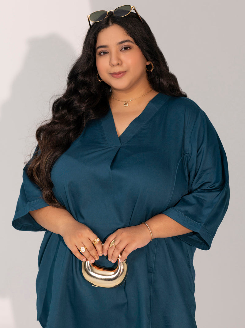 TITTLI Women Cotton Silk V-Neck Tunic & Trousers Plus Size Co-Ord Set (Airforce)