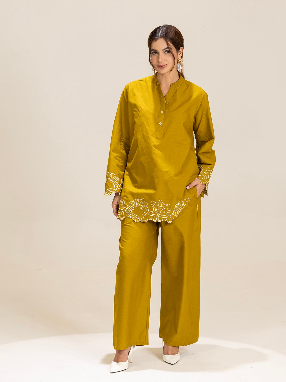 TITTLI Mustard Colour Embroidered Tunic & Trouser Co-Ord Set For Women