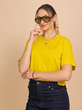 TITTLI Pure Cotton Yellow Round Neck T-Shirt For Womens