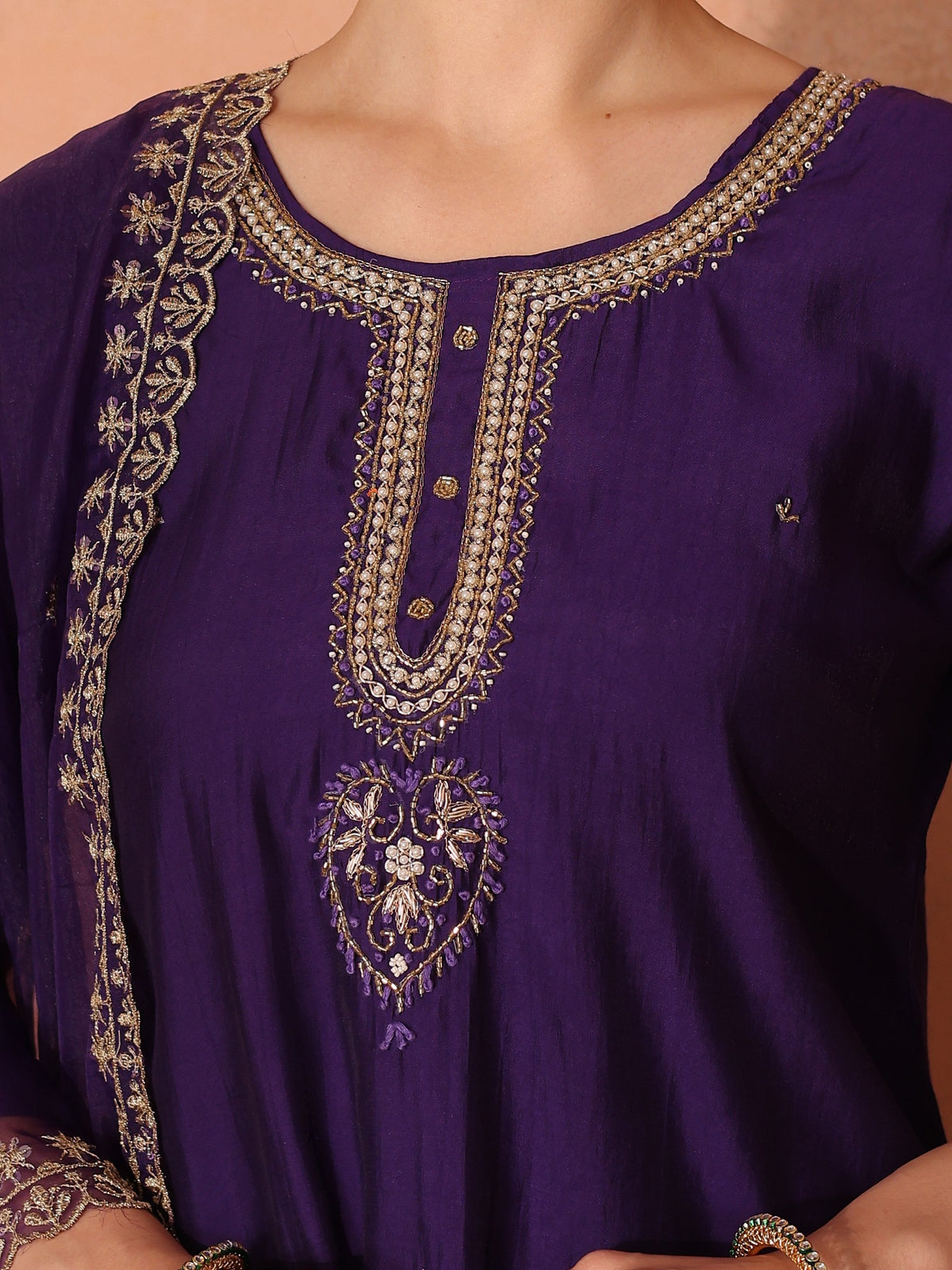 TITTLI Women Handwork Embroidered U-Neck Roman Silk Kurta Set with Georgette Cutwork Dupatta (Violet)