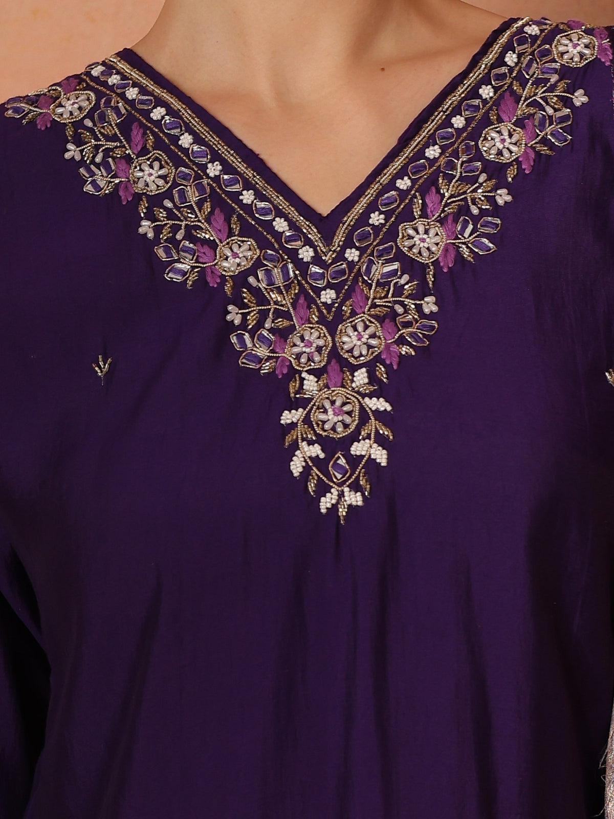 TITTLI Women Handwork Embroidered V-Neck Roman Silk Kurta Set with Jacquard Digital Printed Dupatta (Violet)