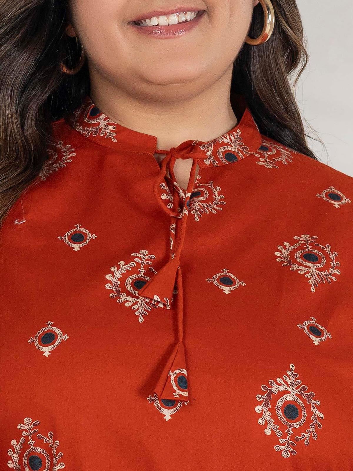 TITTLI Women Plus Size Ethnic Motif Printed Short Kurti with Mandarin Collar Keyhole Tie-Up & Three Quarter Sleeves(Orange)