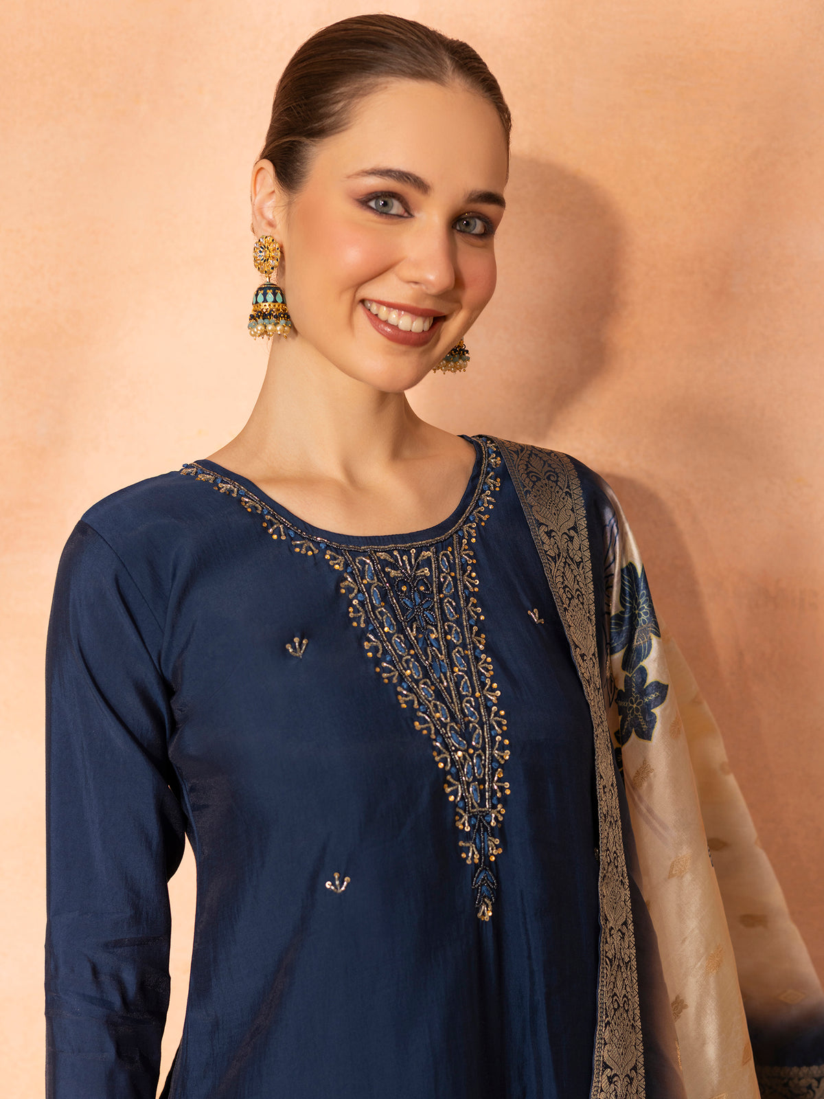 TITTLI Women Handwork Embroidered Round Neck Roman Silk Kurta Set with Jacquard Digital Print Dupatta (Navy Blue)