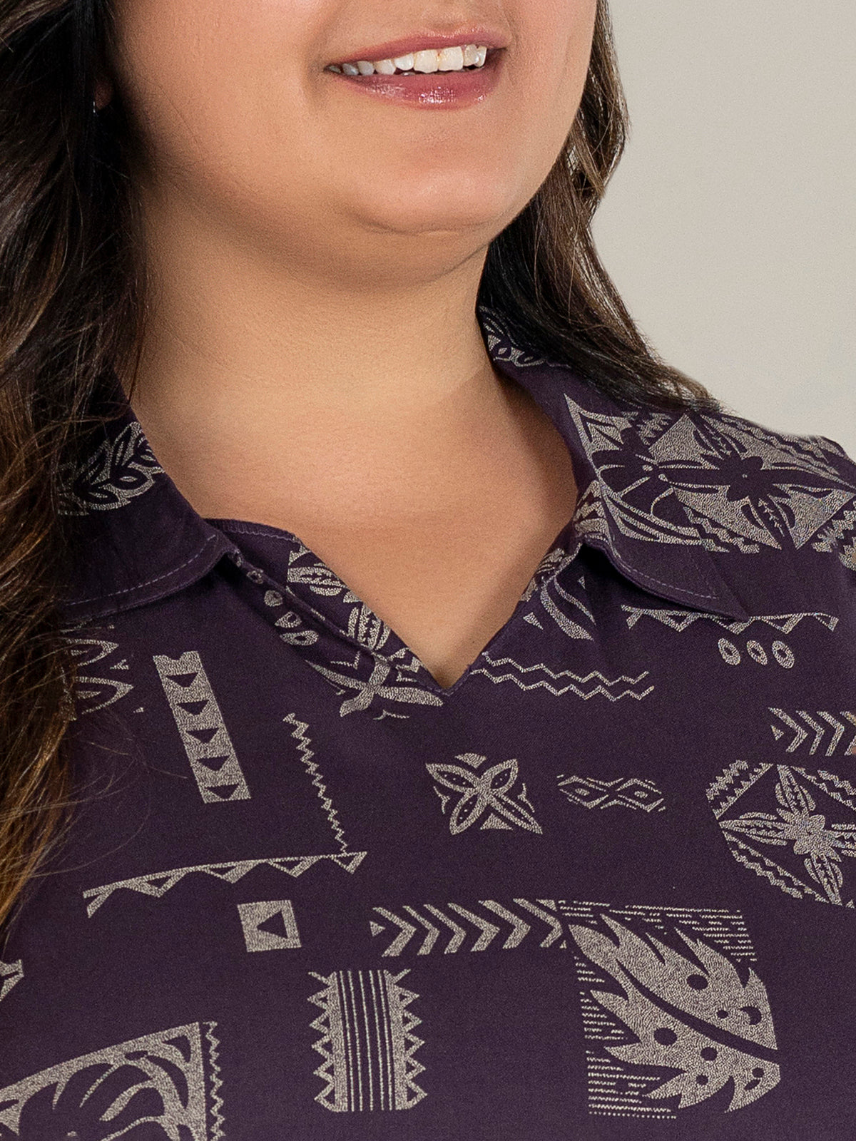 TITTLI Plus Size Women Printed Collared V-Neck Pure Cotton Kurti (Wine)