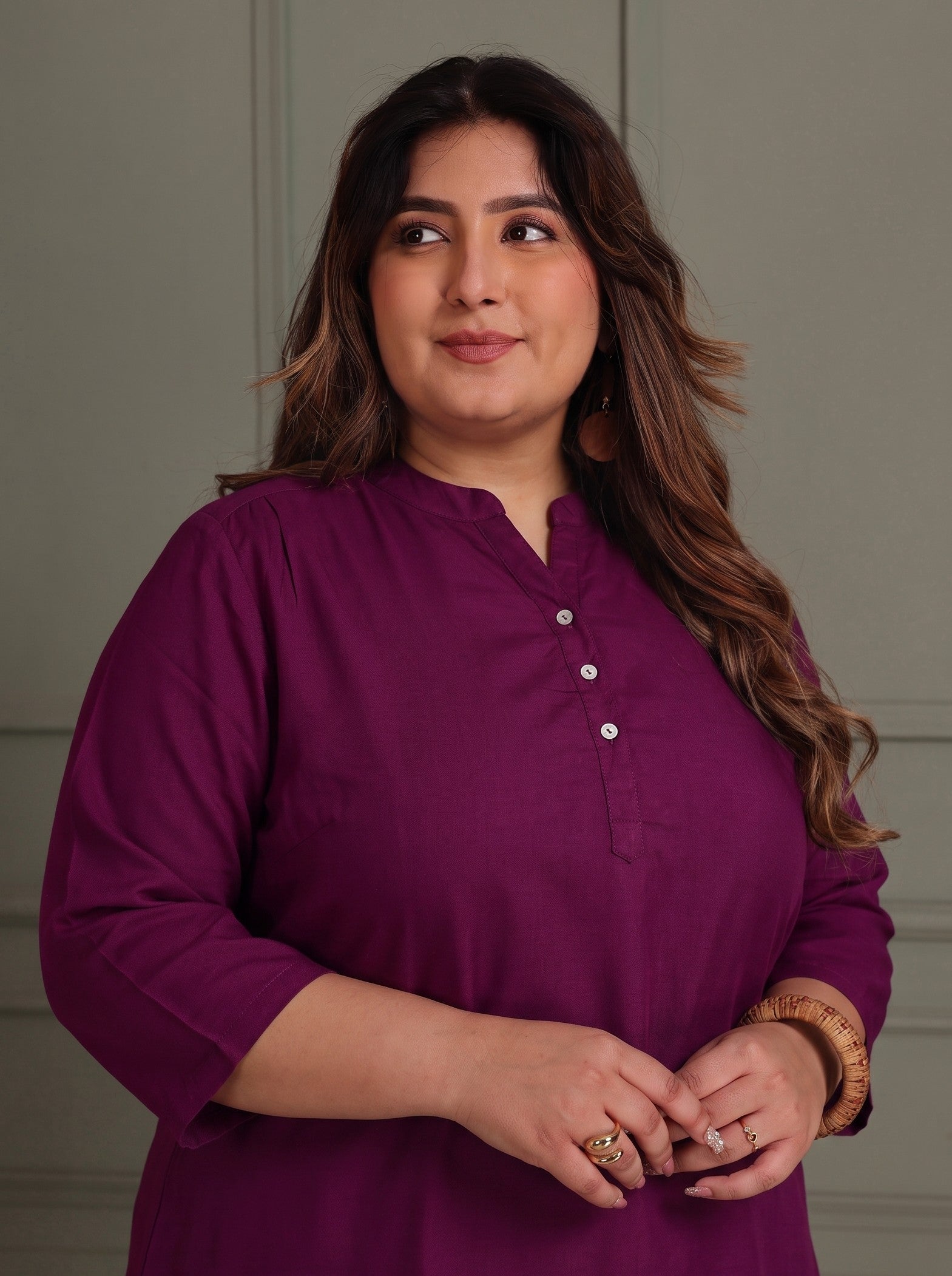 TITTLI Women Plus Size Cotton Silk Tunic & Straight Trousers Co-Ord Set (Wine)